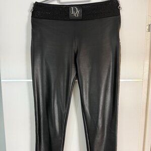 Black Lambskin Leather Leggings, Size M
